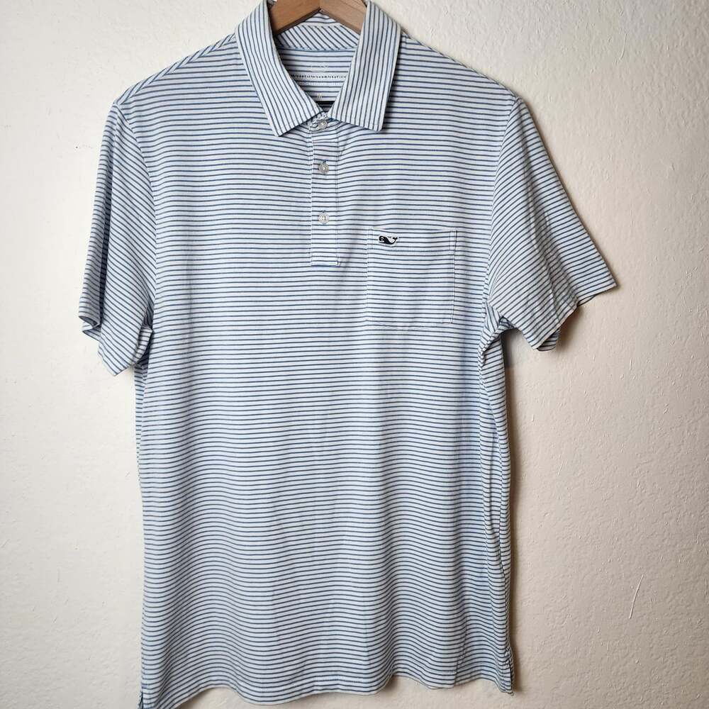 Vineyard Vines Edgartown Polo Shirt Mens Medium Blue Stripe Pocket Stretch